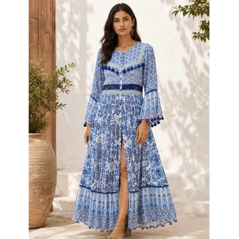 Hemant & Nandita Blue Floral Print Embellished Tassel Midi Dress Size S